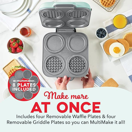 Dash MultiMaker® Family Mini Maker System - Dual Ceramic Nonstick Cooking Surfaces - Built-In Cord Wrap - Makes 4-Inch Waffles - Aqua, 8 Plates