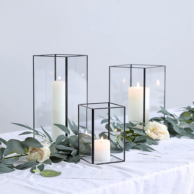 Set of 3 Square Glass Hurricane Candle Holders, Clear Glass Framed in Black-finish Brass , Great for Home Decor and Wedding,Holiday Decor.