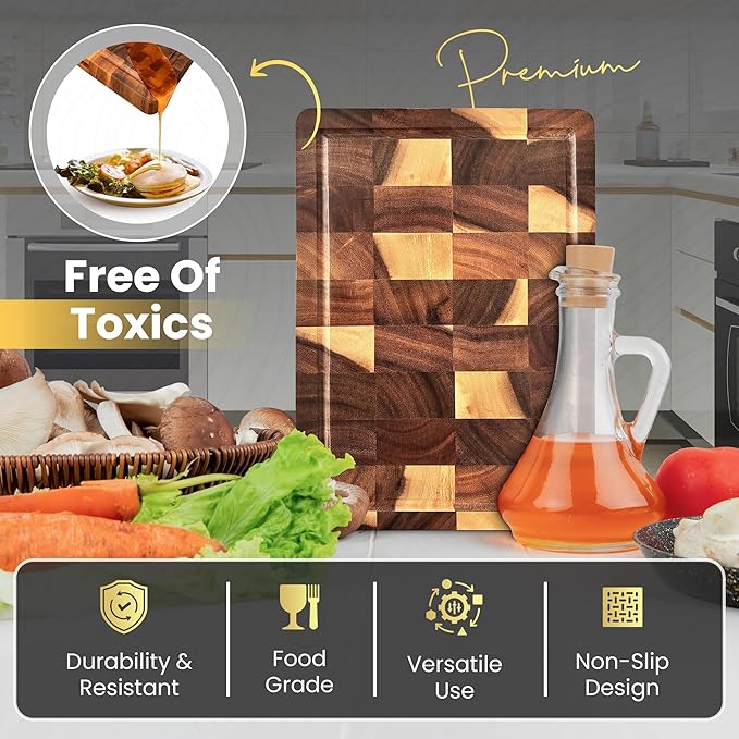 QUELLUXE Walnut Wood End Grain Cutting Board for Kitchen with Juice Groove, Inner Handles, Heavy-Duty Butcher Block, Wooden Chopping Board, Charcuterie Boards 17" x 12" x 1" (17" x 12" x 1")