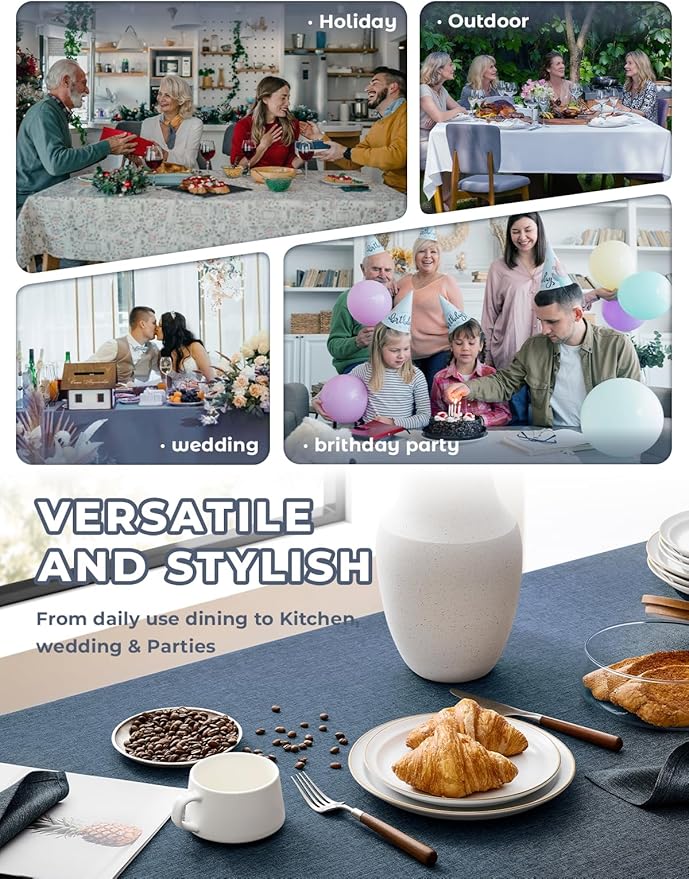 Faux Linen Farmhouse Table Cloth 60"x144" for 10 ft Rectangle Table, Denim Blue Waterproof Outdoor Washable Tablecloth for Rectangular Dining Room Kitchen Outdoor Party Restaurant Table