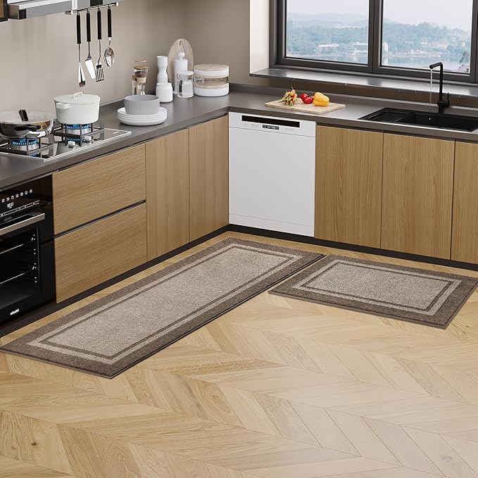 Kichen Rugs 24" x 96", Non-Slip Machine Washable Kitchen Runner Rugs Floor Mats, Absorbent Comfort Standing Mats for Kitchen, Sink, Laundry and Hallway, Beige & Grayish Brown