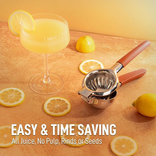 Zulay Kitchen Lemon Squeezer Stainless Steel with Premium Heavy Duty Solid Metal Squeezer Bowl and Food Grade Silicone Handles - Large Manual Citrus Press Juicer and SS Lime Squeezer (Orange)