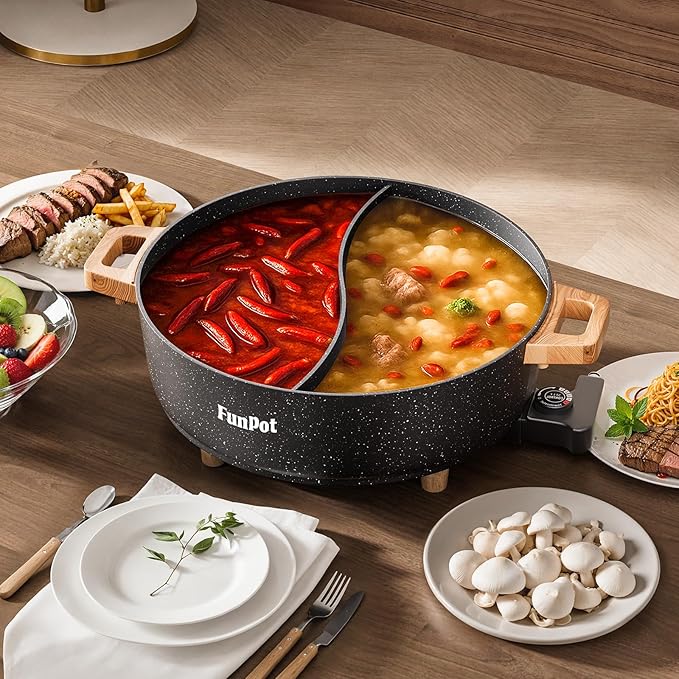 FunPot Electric Twin Compartment Hot Pot with Divider, Diamond grid embossed base, 1350W Temperature control, Large 6-Litre Capacity, Compact Woodgrain handles with Hollow Design