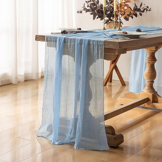 Keketoarrange 6pcs Light Blue Gauze Rustic Cheesecloth Table Runner 120 Inch 10 FT for Wedding Baby Shower Bridal Shower Birthday Engagement Garden Outdoor Party Long Sheer Boho Decorations