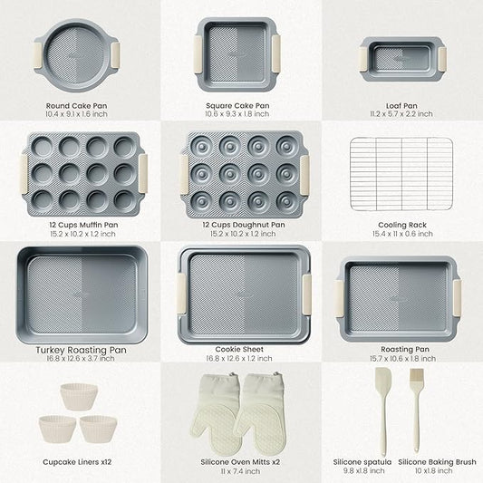Kikcoin 25 PCS Stackable Baking Pans Set, Non-stick Bakeware Sets with Silicone Handles, 450°F Oven Safe Cookie Sheets for Baking, Easy Release Heavy-duty Baking Sheets Non Stick, Cream