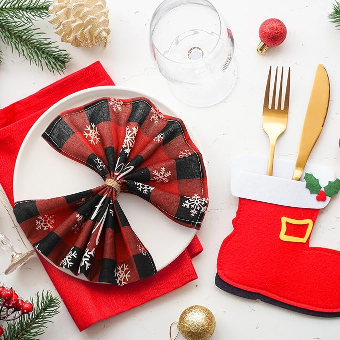 24 Pcs Christmas Plaid Cloth Napkins Buffalo Gingham 15 x 15 Inches Snowflakes Black and Red Checked Cotton Dinner Napkins Soft Absorbent Washable for Holiday Winter Xmas Party