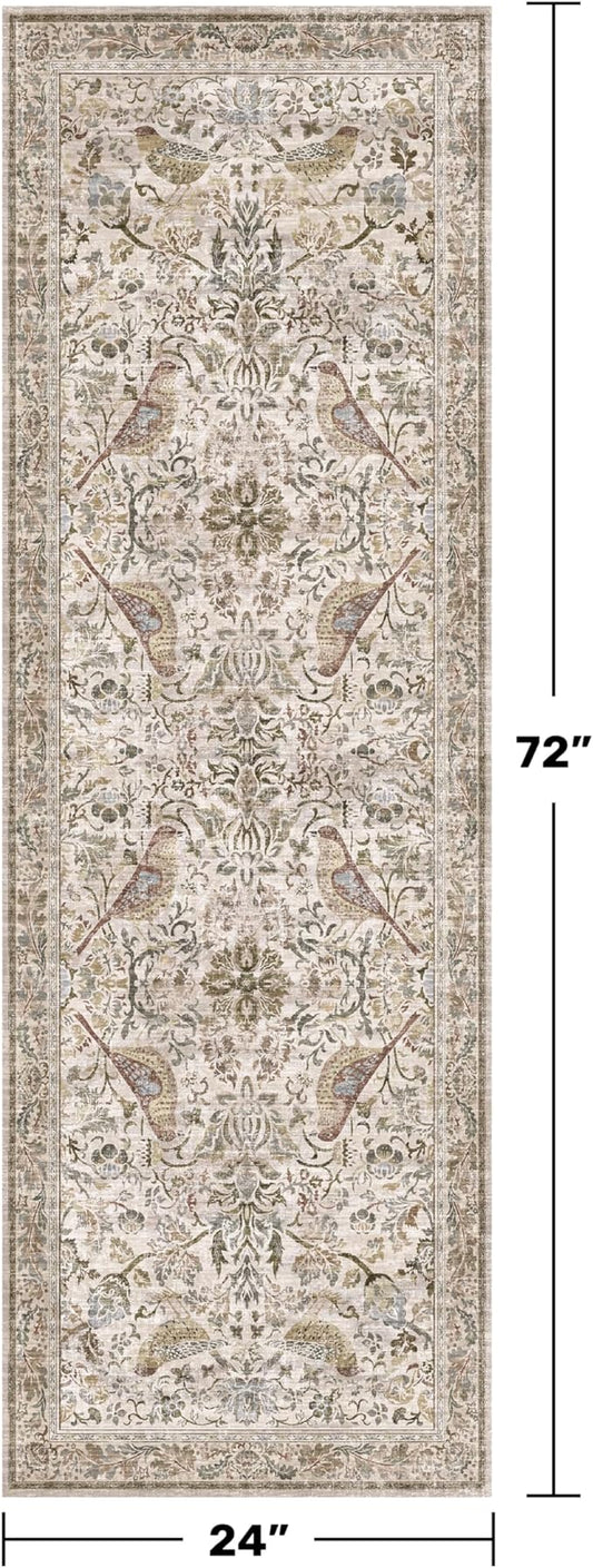 Vintage 2x6 Washable Runner Rugs for Kitchen, Bedside Rug for Bedroom, Entryway, Hallway, Non Slip Moss Bathroom Carpet, Traditional Home Décor with Floral Bird Pattern (Moss)