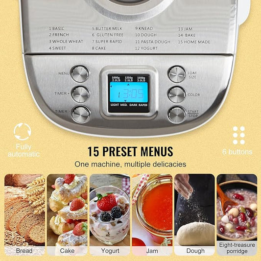 Happybuy 15-in-1 3LB Bread Maker, Gluten-Free, Whole Wheat, Programmable Digital Bread Machine, 3 Loaf Sizes, 3 Crust Colors, White, Nonstick Ceramic Pan
