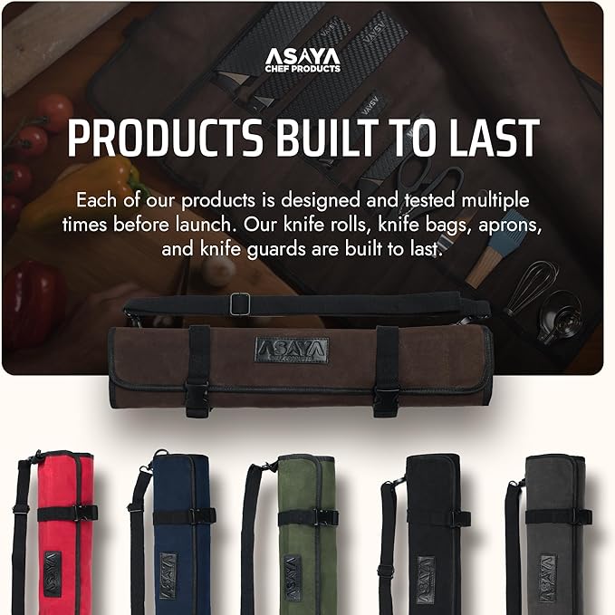 Asaya Canvas Chef Knife Roll Bag - 10 Knife Slots and a Large Zipper Pocket - Durable 10oz Canvas Knife Case with an Adjustable Shoulder Strap - Knives not Included