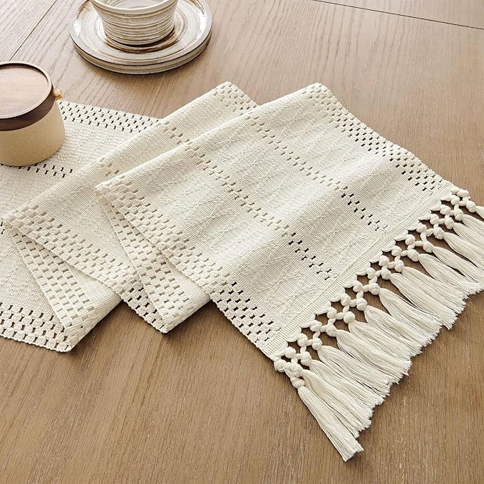 ZeeMart Macrame Style Boho Table Runner, Ivory Table Runners 36 Inches Long, Farmhouse Woven Home Decor, 12x36 Inch, Ivory