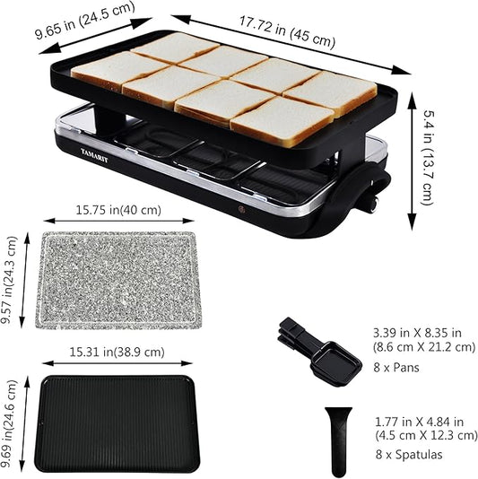 TAMARIT Raclette Table Grill Portable 3 in 1 Korean Barbecue BBQ Electric Indoor Griddle with Non-Stick Reversible Plate and Cooking Stone for Steak 1400W Raclette Grill for 8 Person, Black