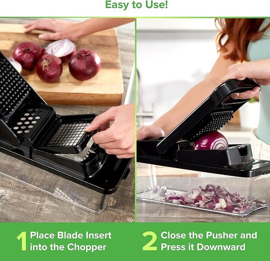 PrepNaturals Vegetable Chopper with Container, Veggie Chopper, Food Chopper & Onion Chopper - Mandoline Slicer for Kitchen (12 in 1, Black)