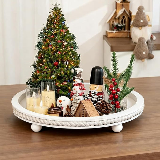 Urban Deco Decorative Trays for Home Decor, Round Wooden Trays for Coffee Table, White Stripes Tray for Living Room, Kitchen, Farmhouse Centerpiece Decor (2-Pk)