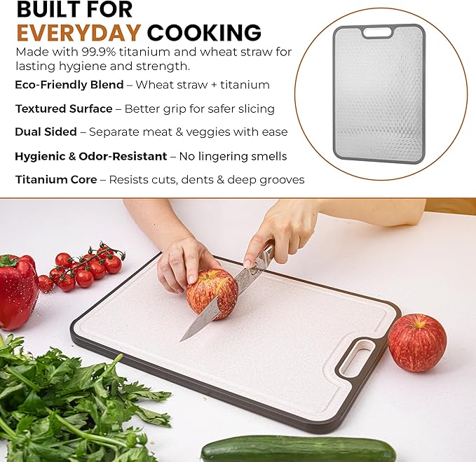 2 in 1 Titanium Cutting Board for Kitchen – Large 16" x 11"- 100% Pure Titanium & Wheat Straw PP Double Sided Chopping Board - Hygienic, Non-Toxic, Food grade, Non Slip, Textured Surface