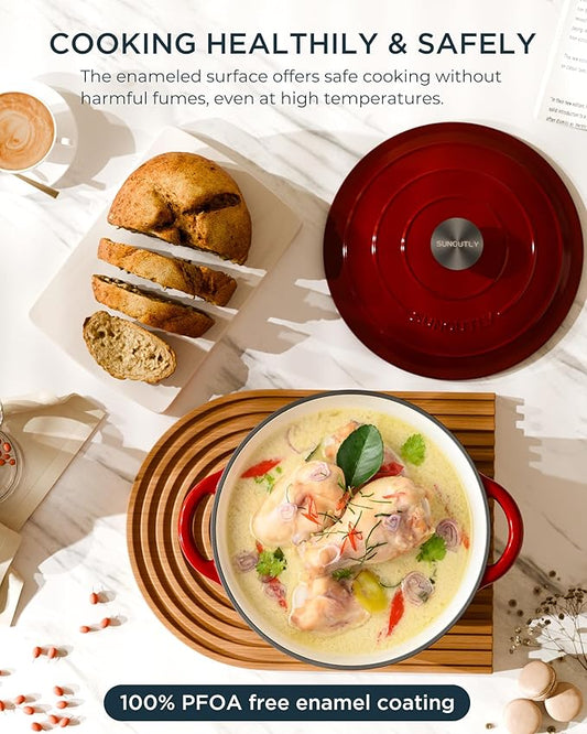 Enameled Cast Iron Dutch Oven - 4.5QT Pot with Lid & Cotton Potholders - Heavy-Duty Cookware for Braising, Stews, Roasting, Bread Baking, Oven Safe up to 500°F & Suitable for All Cooktops, Cherry Red