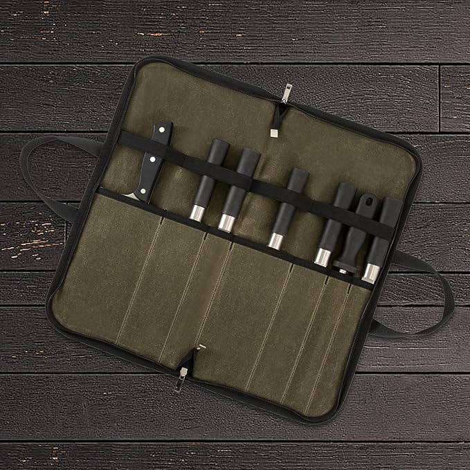 Knife Roll,Knife Bag with 7 Slots,Heavy Duty Waxed Canvas knife Case,Portable Chef Knife Roll Bag For Kitchen Cooking.Cutlery Knives Holders Protectors,Chef Knife Carrying Case For Travel & Camping
