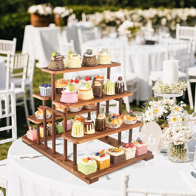 Wooden 7 Tier Cupcake Stand & Towers Serving Trays for Party with Vine Decoration — Party Display Serving Ladder with Platter for Cake, Snacks — Perfect for Catering, Events & Centerpieces