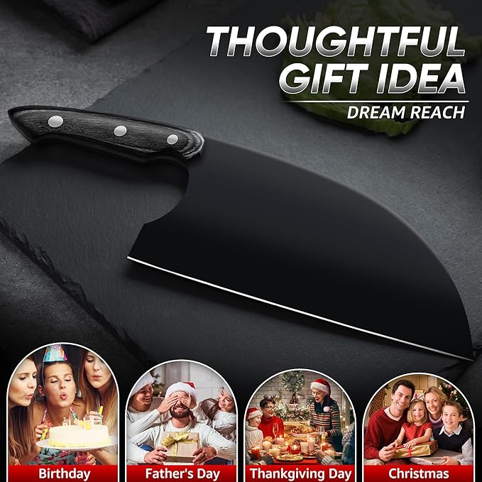Dream Reach Serbian Chef Knife - Full Tang Butcher Cleaver for Meat Vegetables, Hand Forged Black Chopping Knife for Kitchen Birthday Mother Father Gift Idea
