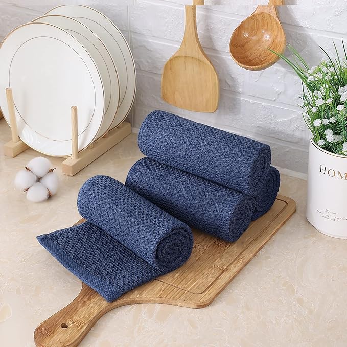 Kitinjoy 100% Cotton Waffle Weave Kitchen Towels, 4-Pack Super Soft and Absorbent Dish Towels for Drying Dishes, Kitchen Hand Towels, 13 in x 28 in, Navy Blue