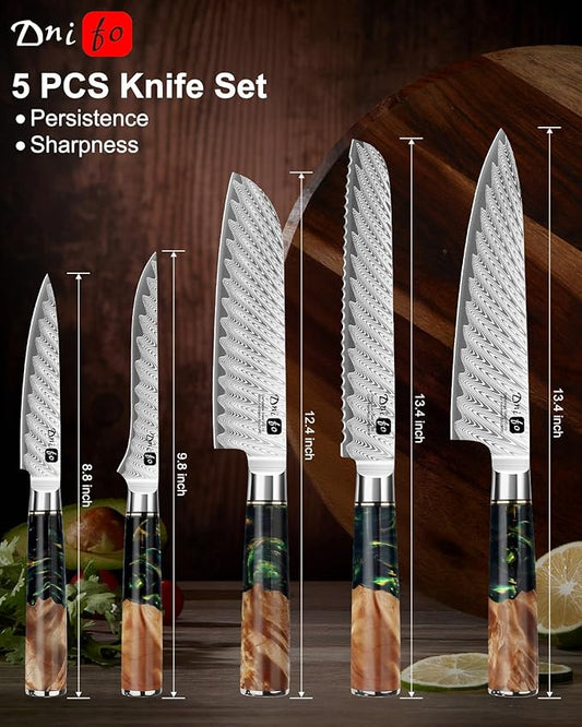 5 Pieces Damascus Knife Set, Japanese Chef Knife Set with Galaxy Pattern Resin Handle, 67-Layers Damascus Steel, Gift Box Included 5" Paring, 6" Boning, 7" Santoku, 8" Chef & 8" Bread Damascus Knives