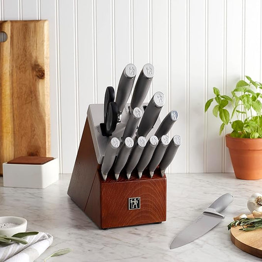 Henckels Modernist 14-pc Self-Sharpening Knife block set, Chef Knife, Paring Knife, Dark Brown, Stainless Steel, Walnut