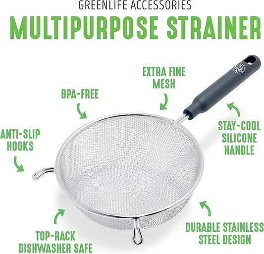 GreenLife Cooking Tools and Utensils, 2 Piece Extra Fine Stainless Steel Mesh Strainer Kitchen Set, Stay Cool Handles, Dishwasher Safe, BPA-Free, Grey