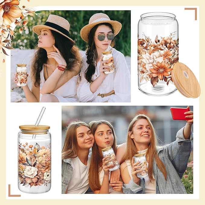 Mumufy Gift for Women Cute Glass Cup Tumbler Flower Iced Coffee Mugs 16 oz Glass with Bamboo Lid & Straw, Mothers Day Birthday Gift for Mom Sister Bridesmaid Baby Shower(4 Pack, Brown Flower)