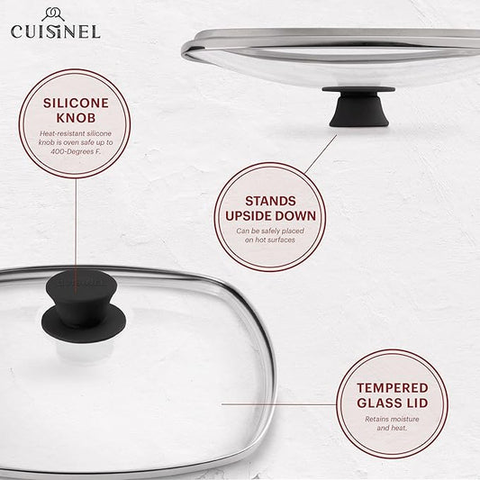 Cuisinel Cast Iron Grill Pan + Rectangular Cast Iron Grill Press + Tempered Glass Lid + Pan Scraper – Pre-Seasoned Ribbed Skillet – 10.5"-Inch Square Grilling Indoor/Outdoor Camping Fire BBQ Cookware