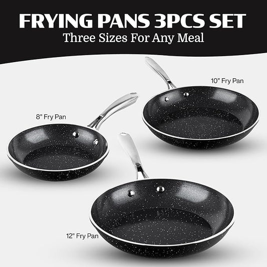 Granitestone Ceraluxe 3pc Non Stick Frying Pans Set, 8,10,12 inch Ceramic Frying Pan Skillet Set, Non Toxic Frying pans Nonstick for Cooking, Induction Ready, PFOA Free, Oven & Dishwasher Safe - Black