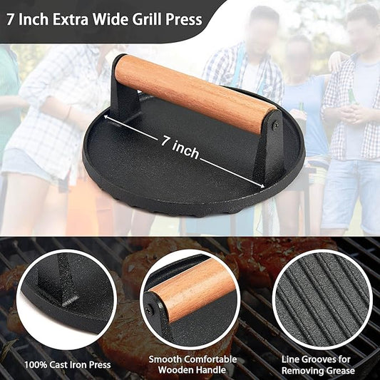 3Pcs Grill Press, Leonyo 7 Inch Round Cast Iron Burger Press, Heavy Duty Smash Burger Kit for Griddle Grill, Hamburger, Meat, Steak, Patty, Panini, Barbecue, Nonstick Pan