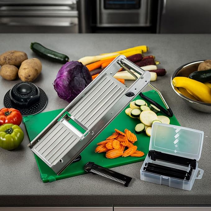 TableCraft 12629 Mandoline Slicer Set, Stainless Steel Adjustable Vegetable Slicer with 5 Interchangeable Blades, Non-Skid Folding Stand, Dishwasher Safe, Commercial Prep Tool