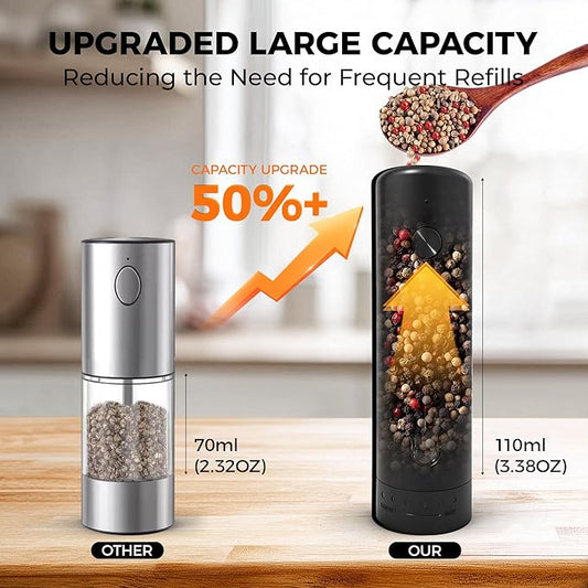 Upgraded Larger Capacity 110ml Electric Salt and Pepper Grinder Set, Rechargeable Automatic Salt and Pepper Shakers with LED light,Kitchen Appliances with External 6 Adjustable Coarseness
