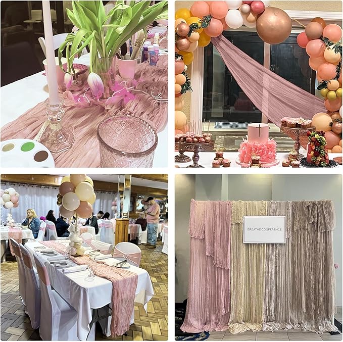 10 Pack Dusty Pink Cheesecloth Table Runner 10FT Boho Gauze Fabric Table Runner Vintage Rustic Sheer Runners for Wedding Party Bridal Baby Shower Long Table Decorations