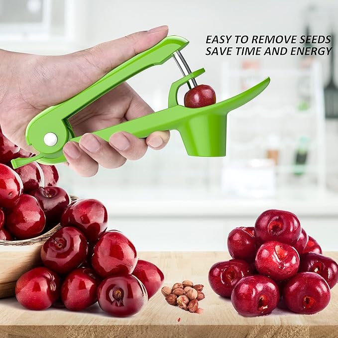 Cherry Pitter - Ordekcity Stainless Steel Cherries Corer Pitter Tool with Hand-held Push Design, Save Time & Space for Making Cherry Jam with Lock Design(Green)