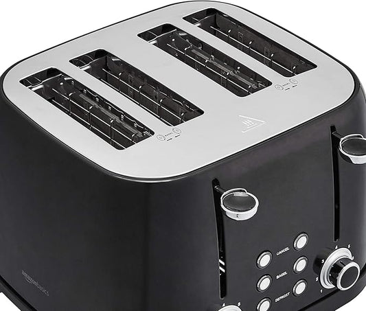 Amazon Basics 4 Slice Toaster, 6 Browning Settings, Removable Crumb Tray, Bagel and Defrost Function, Cancel Button, 1600W, Black