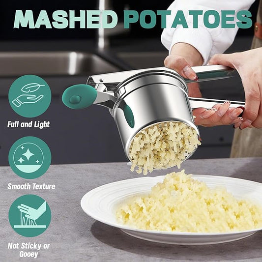 Large 15oz Potato Ricer for Mashed Potatoes, Heavy Duty 18/8 Stainless Steel Potato Masher for Baby Food & Spaetzle Maker, Masher and Ricer Kitchen Tool, Press and Mash Kitchen Gadget, Green