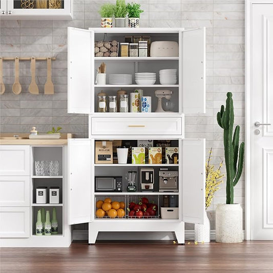 71" Tall Kitchen Pantry Cabinet,Farmhouse Pantry Cabinet,Metal Cabinet with Adjustable Shelves and Drawer,Storage Cabinet for Kitchen Dining Room Garage,White