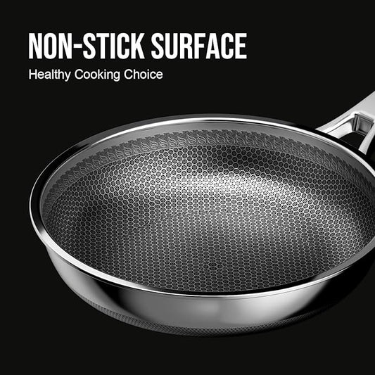 10 Inch Hybrid Nonstick Frying Pan, Stainless Steel Pan Non Stick Skillet, PFOA Free Cookware, Non Toxic Chef's Pan, Compatible with Electric, Gas and Induction, with Lid
