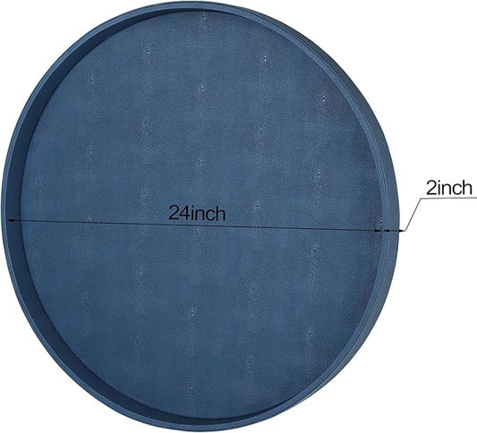 HofferRuffer Large Round Serving Tray 24'', Elegant Faux Leather Circle Ottoman Table Tray, Serve Tea Coffee Breakfast in Bedroom Living Room Kitchen (Blue)