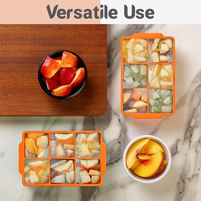 KitchFort Large Silicone Ice Cube Tray (2-Pack), Easy Release 2" Big Ice Cubes - Cocktail, Whiskey Ice Cubes Mold - Ice Trays for Freezer with Lid - Stackable Silicone Ice Tray - Orange
