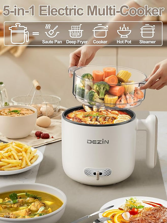 Dezin Electric Pot with Steamer, 1.8L Dual Power Ramen Cooker, Portable Non-Stick Hot Pot Electric for Soup, Pasta, Egg, Oatmeal, Overheat & Boil-Dry Protection, Ideal for Dorm, Office(Beige)