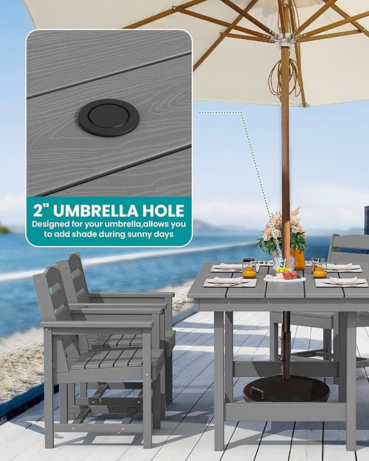 SERWALL 8-Piece Patio Dining Sets with 15FT Double Side Patio Umbrella, Outdoor HDPE Dining Furniture Set with Umbrella Hole Cut-Out Table and 6 Chairs, Gray(Umbreall Base not Included)