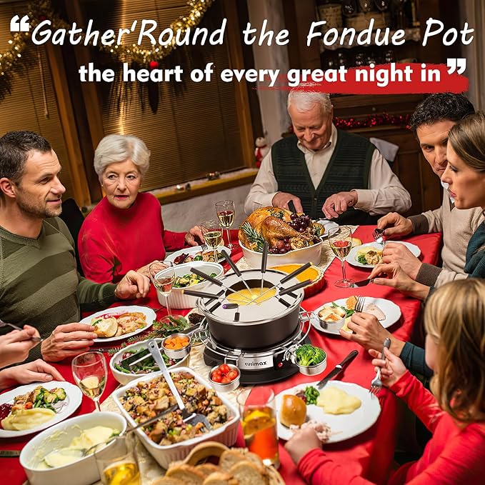 Cusimax 1300W Electric Fondue Set,2L Non-stick Pot Ideal for Melting Cheese,Chocolate,Oil,or Broth,Includes 8 Forks, 6 Food Cups,Removable Handle,and Measuring Cup for Enjoying Fondue Pot Parties