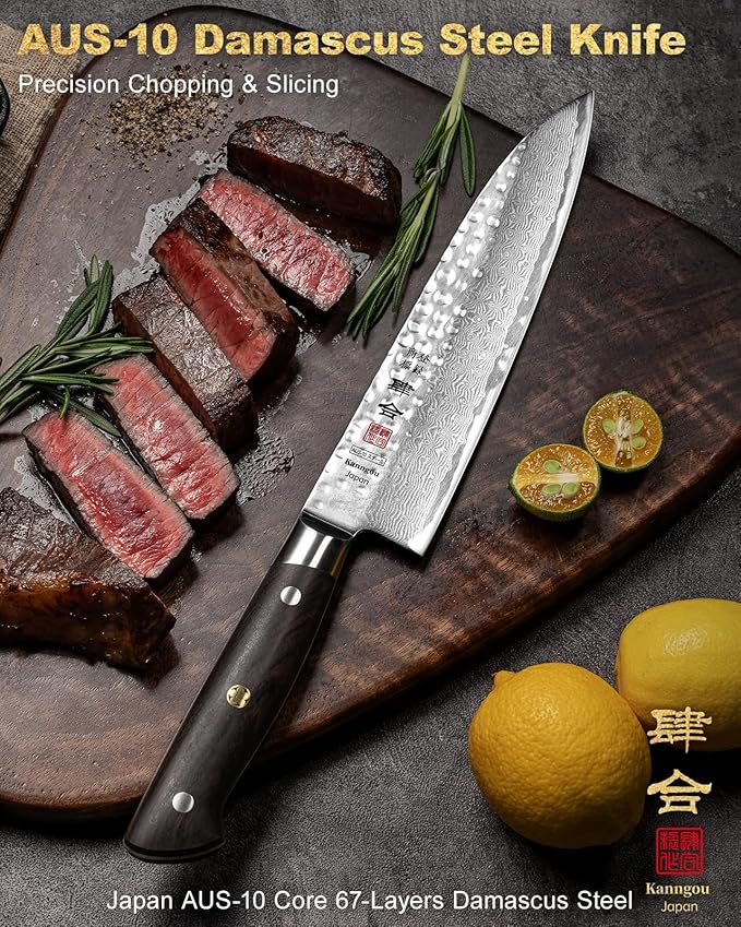 Japanese Chef Knife 8.27 Inch Kitchen Knife with 67 Layers Damascus Steel AUS-10 Core, Professional chefs Knife with Full-Tang Ebony Wood Handle and Premium Gift Box(Hammered Damascus Series)