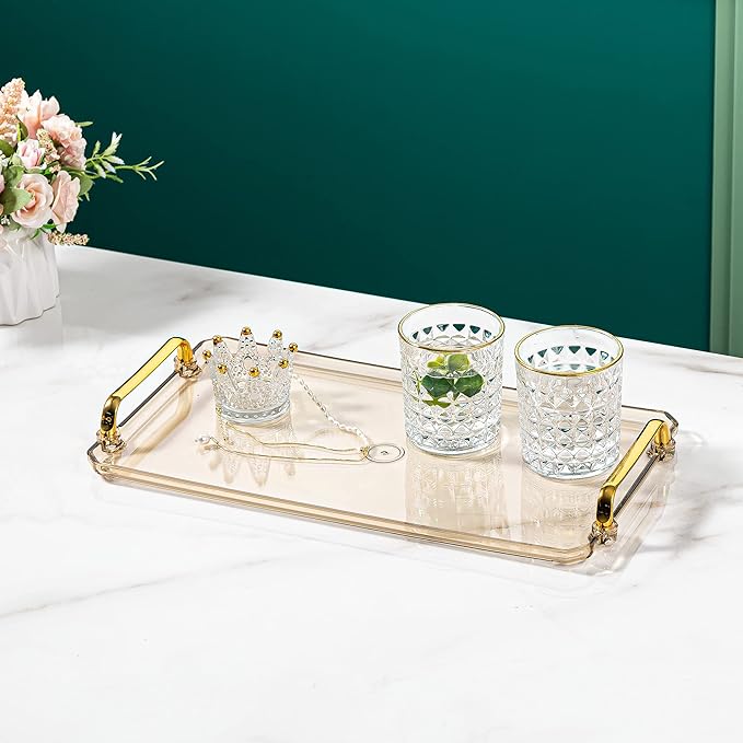 Acrylic Serving Tray with Handles Ottoman Countertop Decorative Tray Serving Tray Spill-Proof Tray for Coffee Table Living Room Bedroom16 x 9 x 0.8 inches (Amber)