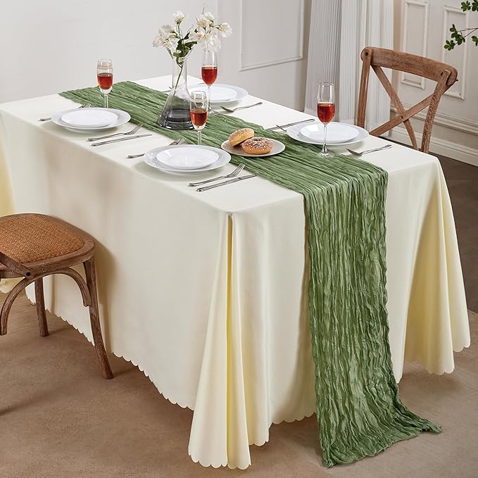 12 Pack Sage Green Cheesecloth Table Runner 10FT Long Boho Gauze Table Runner Rustic Sheer Runner for Wedding Bridal Baby Shower Birthday Party Table Decor Home Easter Thanksgiving Decorations