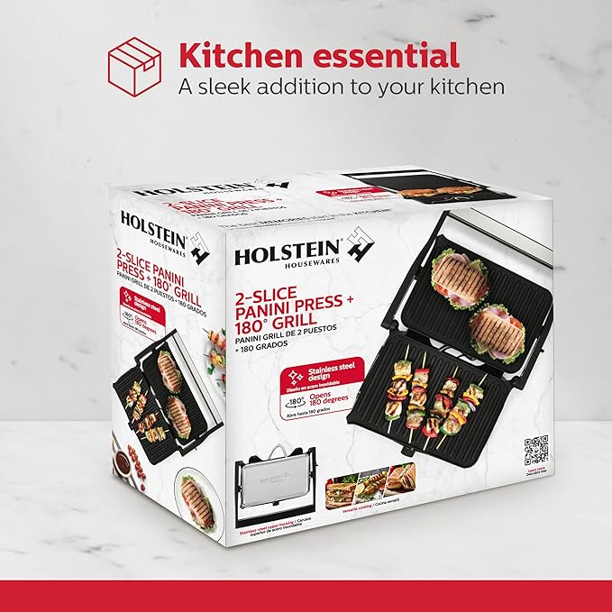 Holstein Housewares 2-Slice Panini Press and Grill - Black/Stainless Steel Sandwich Maker with Non-Stick Coating, Temperature Control, and Drip Tray - Opens 180 Degrees for Versatile Cooking