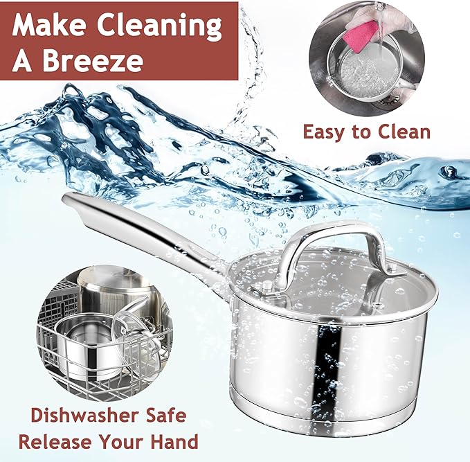 E-far 1 Quart Saucepan with Lid, Stainless Steel Small Sauce Pan Boiling Pot for Cooking, Compatible with All Stoves, Healthy & Non Toxic, Oven & Dishwasher Safe