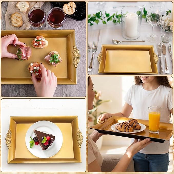 4 Pcs Gold Tray 14" x 10" Rectangle Decorative Plastic Serving Trays with Embossed Rims for Party Anniversary Wedding Bridal Shower, Baby Shower, Birthday, Cake Dessert Display