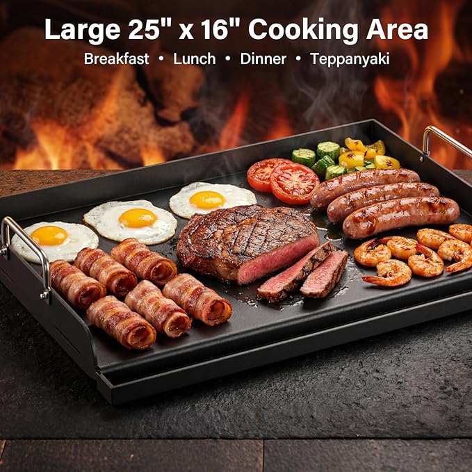 25" x 16" Nonstick Cast Iron Flat Top Griddle - Universal Grill Insert with Grease Groove & High Sidewalls, Fits Gas/Charcoal/Electric Grills (Weber, Charbroil, Nexgrill)